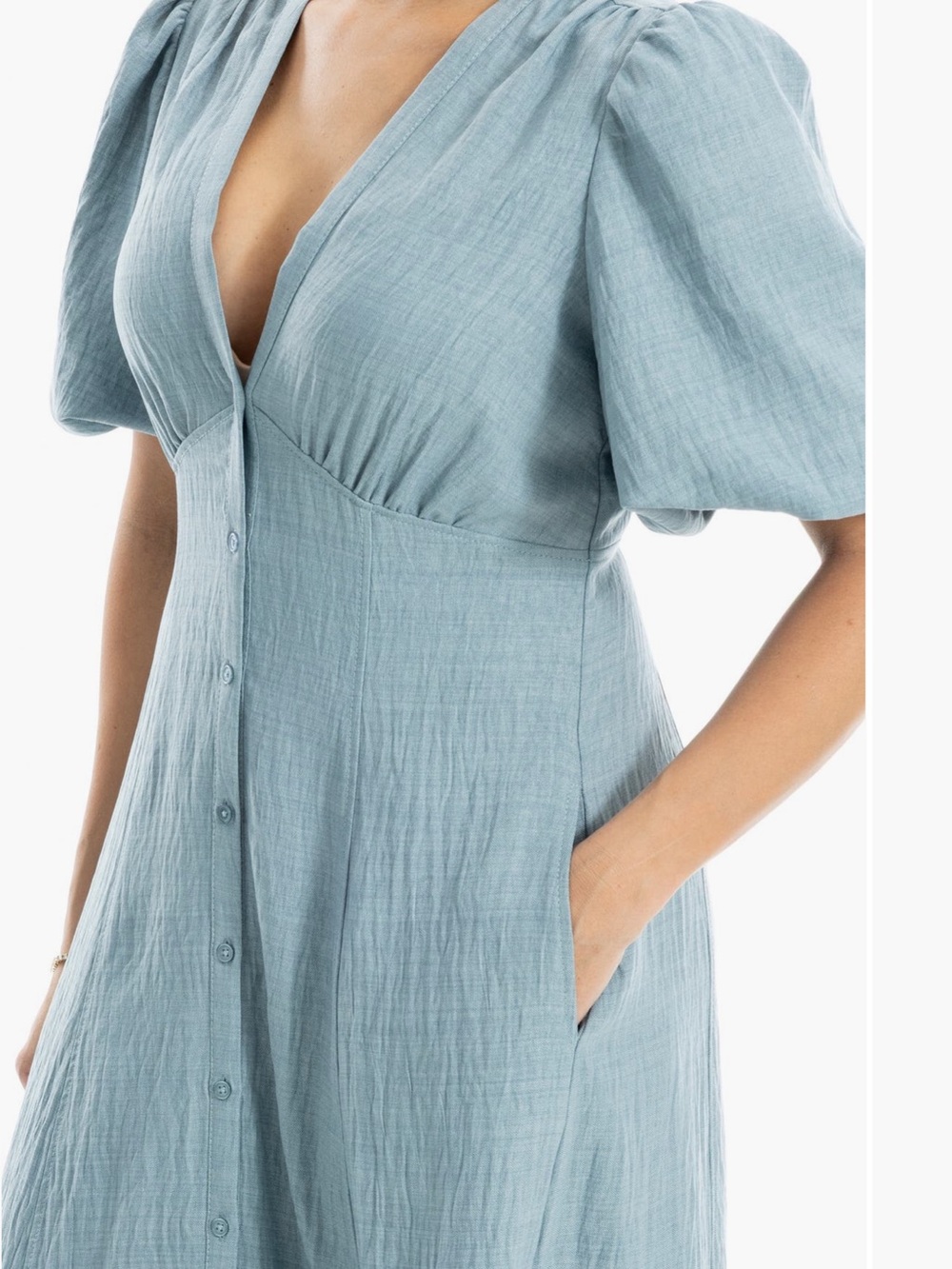 Max Studio Sage Green Button-Front Midi Dress with Puff Sleeves - Picture 4 of 10